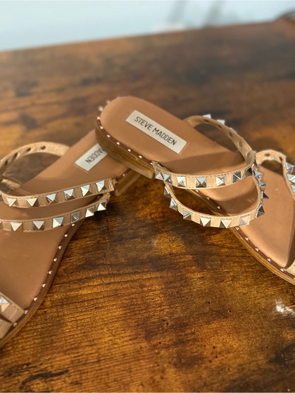 Steve Madden Tan Pyramid Stud Leather Slide Sandals